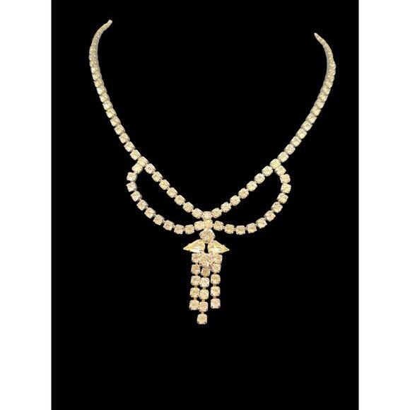 Gold-Tone Rhinestone Necklace With Drape Pendant And Secure Clasp - Picture 1 of 6